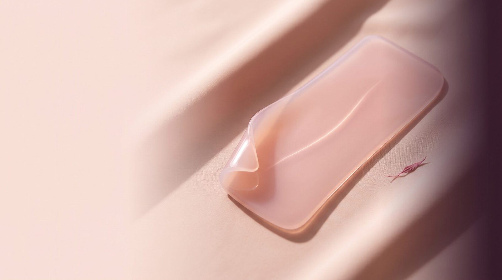 Translucent silicone scar sheet on blush fabric, scar care after plastic surgery