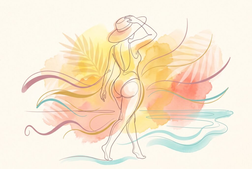Golden-hour abstract line art of a woman at the beach for the liposuction guide