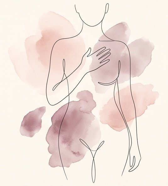 Soft line-art illustration of a woman with a hand over her heart