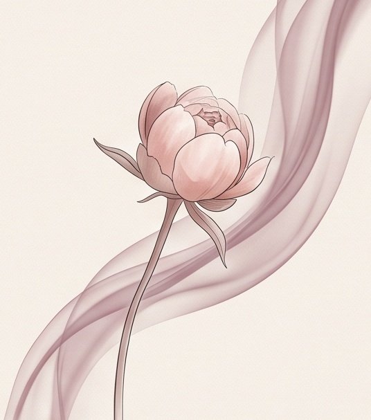 A blush peony bud lifting upward beside flowing silk