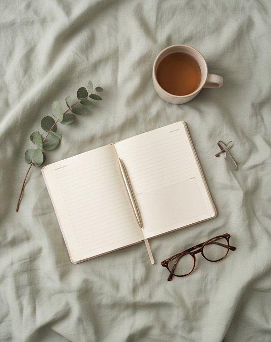 Planner, tea and glasses on sage linen