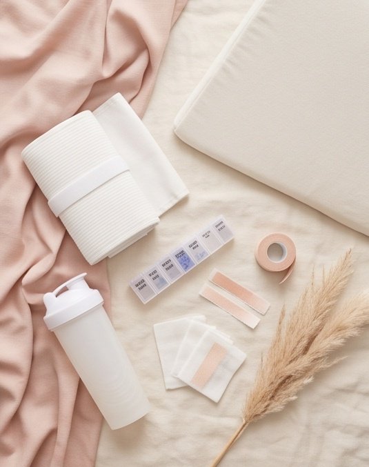 Recovery kit flat-lay: binder, protein shaker, pill organizer, tape and gauze