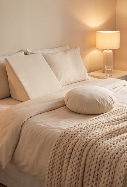 Recovery bed with a wedge pillow and a pillow for under the knees
