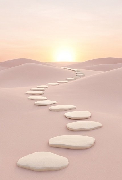 Stepping stones across blush dunes toward a sunrise