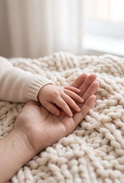 A child's hand resting in a mother's hand on a knit blanket
