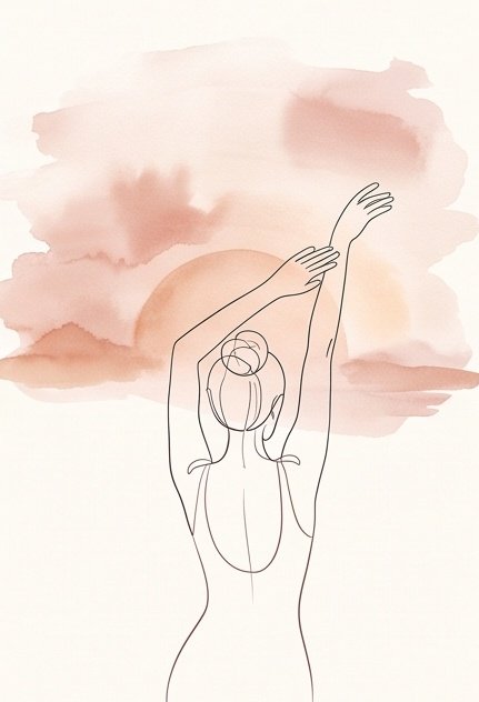 Line-art woman stretching tall toward a watercolour sunrise